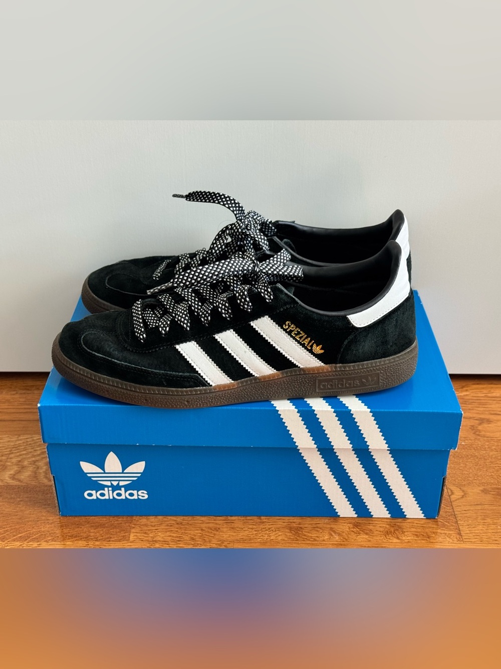 adidas Spezial Black Suede Sneakers with White Stripes and custom laces